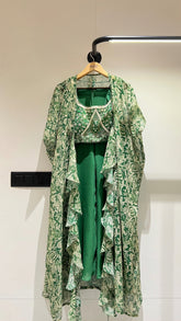 Green Designer sharara style inspired dress on pure georgette with detailed mirror, thread, hand embellished work